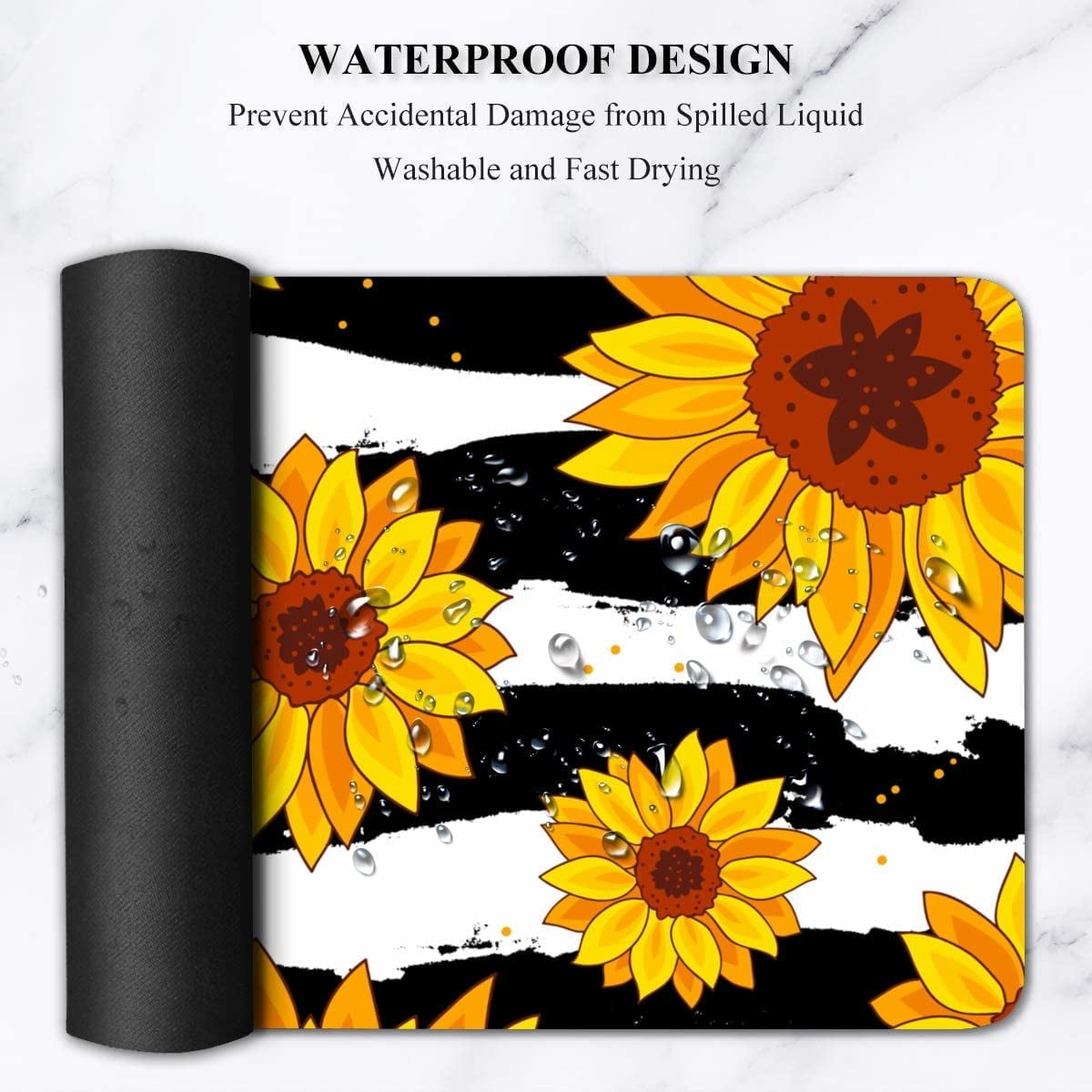 Extended Gaming Mouse Pad (31.5x11.8 in), Large Non-Slip Rubber Base Mousepad,Waterproof Keyboard Mouse Mat Desk Pad for Work, Game, Office, Home - Black and White Yellow Flower Sunflower