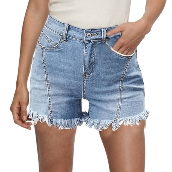 Women's High Waisted Stretchy Denim Shorts for Casual Outings - Comfortable Distressed Hem Design for Spring and Summer Wear Soft Cropped Jeans,Color:Light Blue,Size:L