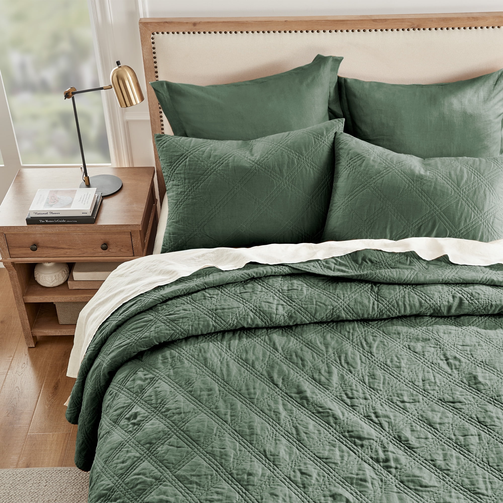 Levtex Home - 100% French Flax Linen Front/100% Cotton Back - King Quilted Sham - French Flax Washed Linen - Green Forest - Sham Size (36 x 20in.)