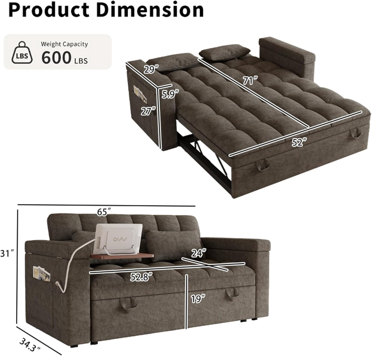 3 in 1 Convertible Sleeper Sofa,Sleeper Couch with Pull Out Bed, Storage Armrests and Laptop Table for Living Room,Sleeper Sofa, Pullout Couch Bed