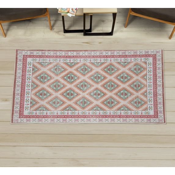 Geometric Decorative Rug, Ethnic Rustic Zigzagged Squares Folkloric Shapes Modern Influences, Quality Carpet for Bedroom Dorm and Living Room, 6 Sizes, Pale Teal Orange Coral, by Ambesonne