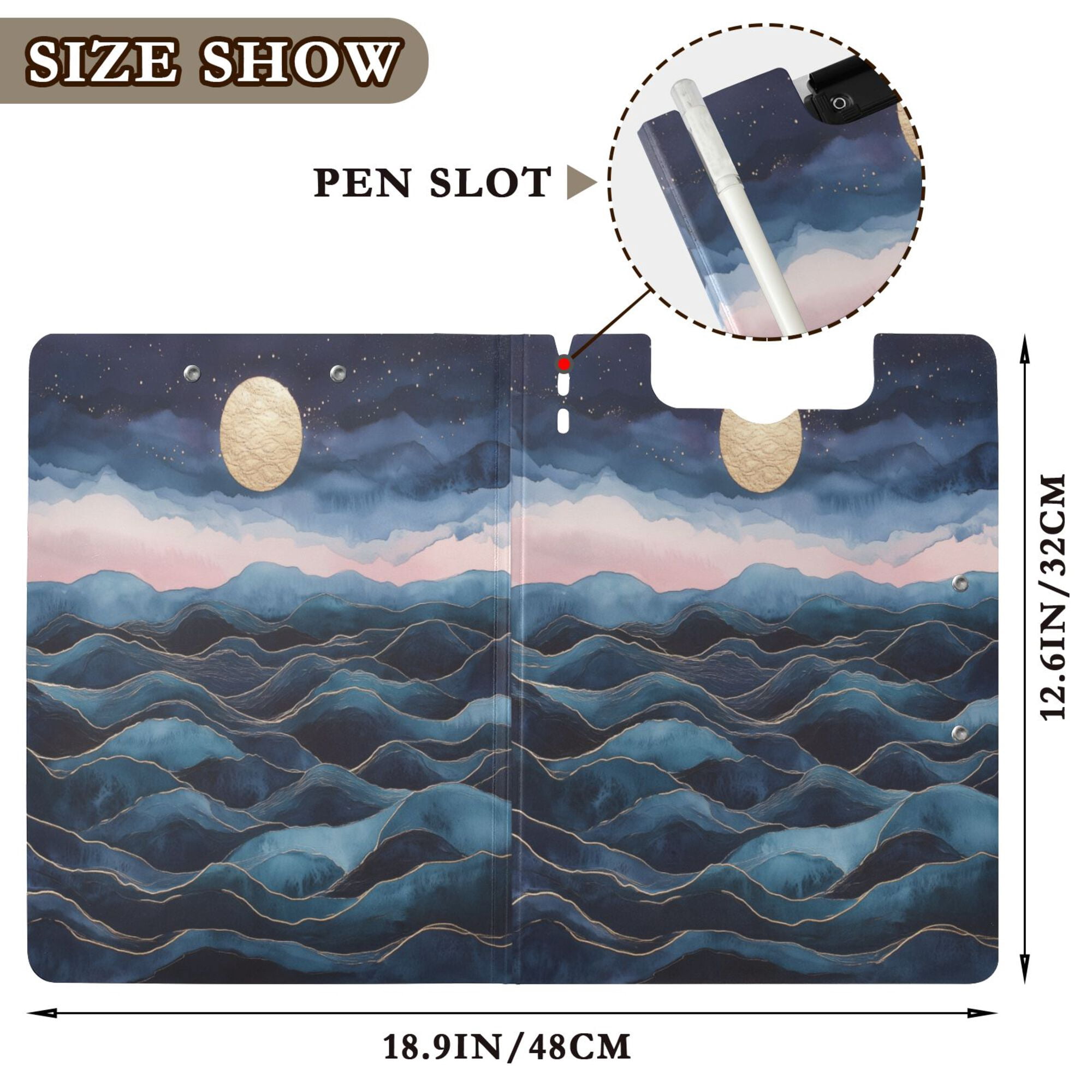 FORMRS A4 Clipboard Folder with Pen Holder Horizontal Foldable School Office Binder, Ocean Waves