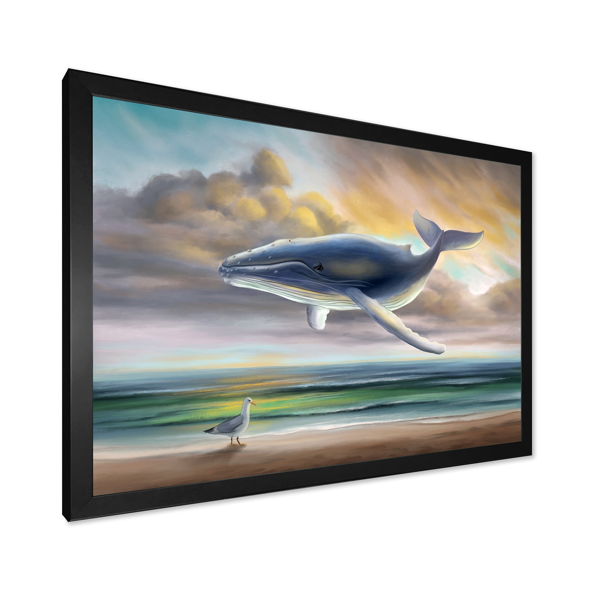 Designart 'Whale Floating In The Sky Over Beach' Children's Art Framed Art Print