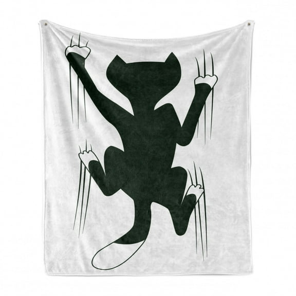 Modern Soft Flannel Fleece Throw Blanket, Cat Scratching the Wall Animal Fun Kitty Pet Humor Illustration, Cozy Plush for Indoor and Outdoor Use, 50" x 60", Dark Green White, by Ambesonne