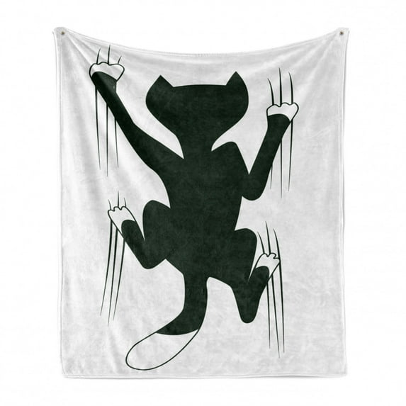 Modern Soft Flannel Fleece Throw Blanket, Cat Scratching the Wall Animal Fun Kitty Pet Humor Illustration, Cozy Plush for Indoor and Outdoor Use, 50" x 70", Dark Green White, by Ambesonne