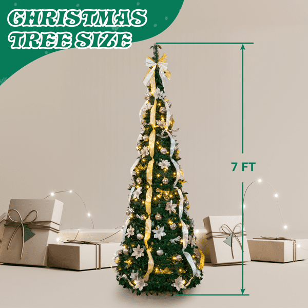 Alvantor 7 ft Fully Decorated Pre-Lit Pop-up Christmas Tree with 200 Warm White LEDs, Remote Control, Gold and Silver Ornaments