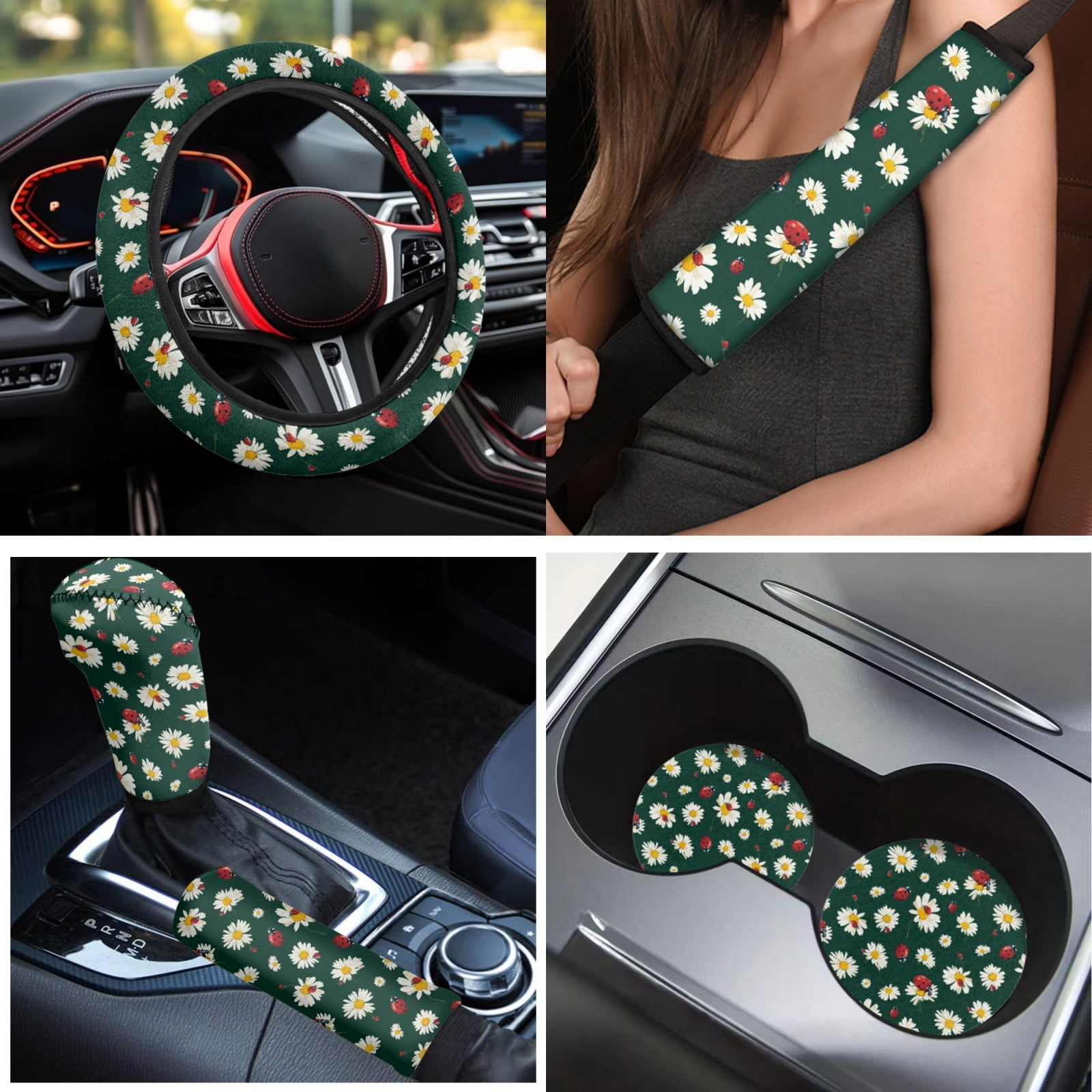 Yuyamidu Daisy Car Seat Cover Set of 15 Ladybug Car Carpet Mats Steering Wheel Cover Seatbelt Cushion Pad Gear Shift Knob Cover Set Cup Holder, Green