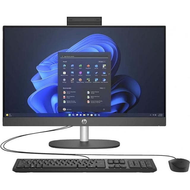 hp proone 245 g10 all-in-one 23.8' amd athlon silver 7120u 4gb ram 128gb ssd windows 11 negro teclado en español — Vista frontal centrada del todo-en-uno negro con pantalla 23.8" FHD (1920x1080) IPS mostrando Windows 11, base oval y soporte metálico, teclado en español con cable y mouse con cable; compacto para oficina y aulas y a menudo usado como estación administrativa.