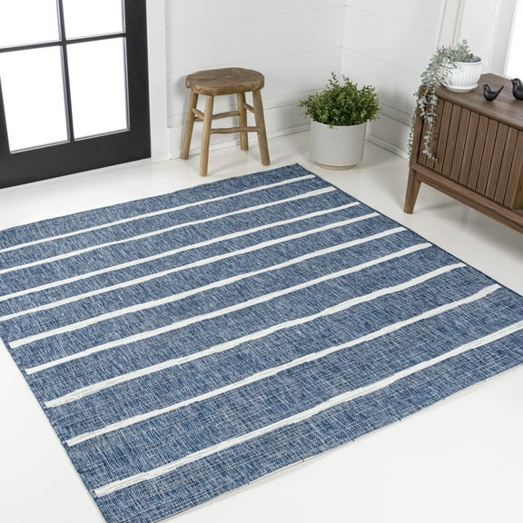 JONATHAN Y SANTA MONICA 9' Square Area Rug, Colonia Berber Stripe - Blue/Ivory, SMB125C-9SQ