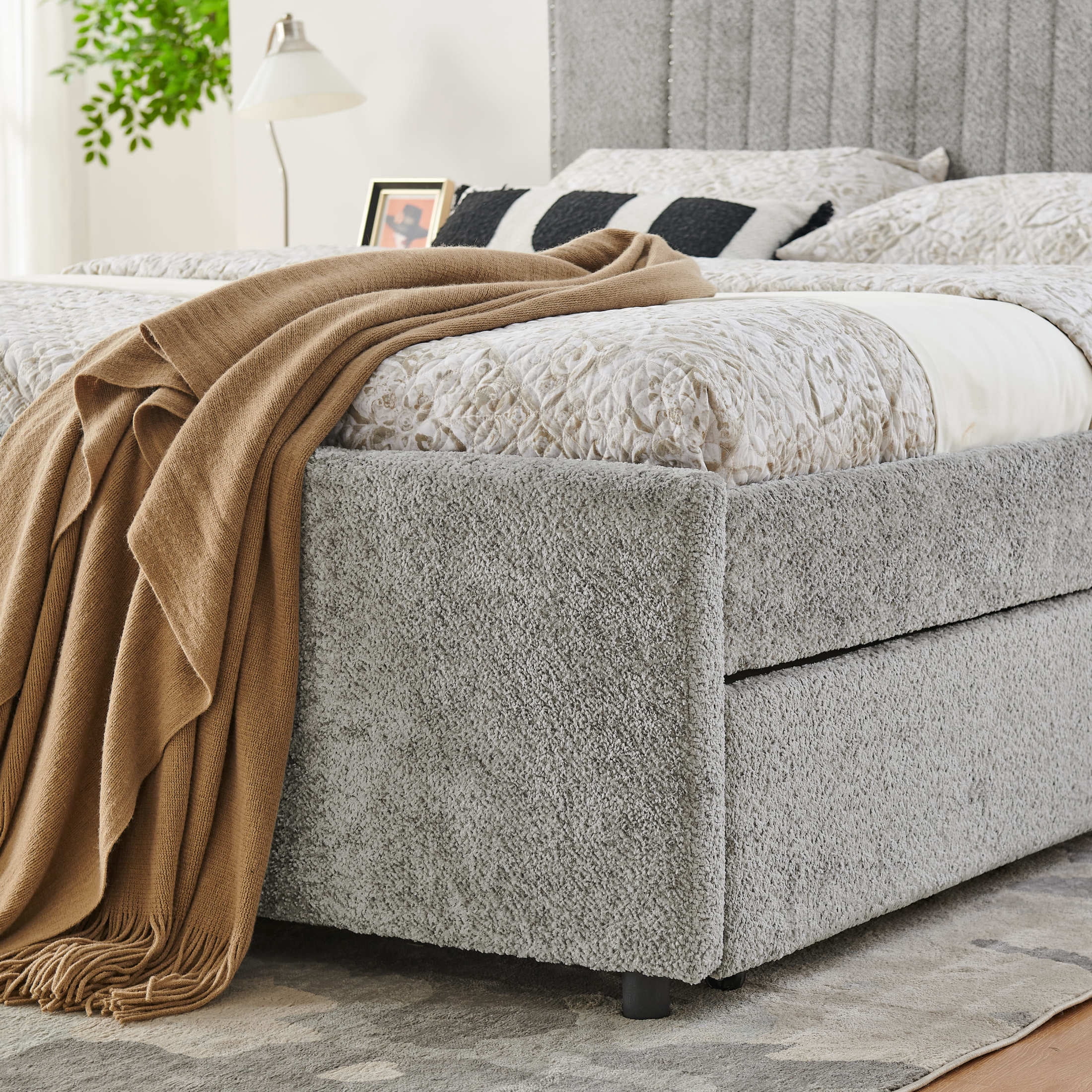 Noble House Luxen Queen Chenille Upholstered Bed, Vertical Tufted Daybed with Pull-out Trundle and Storage Drawers, Gray
