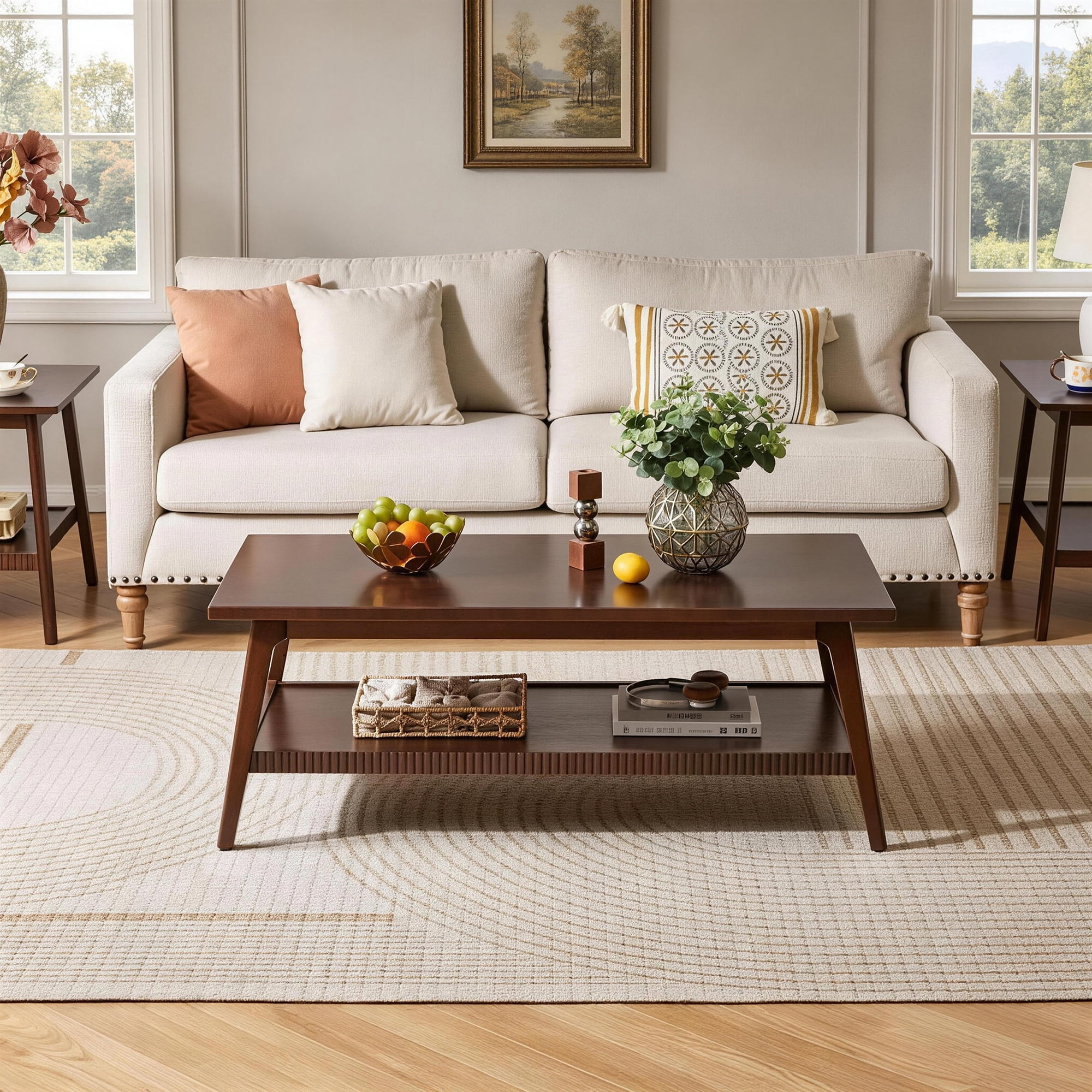 Solid Wood Coffee Table with Lower Storage Shelf, Walnut, 47.24 in x 23.62 in x 17.52 in