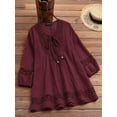 thumbnail image 3 of Womens 3/4 Sleeve Shirts Cotton Linen Roll Up Short Sleeve Tops V Neck Casual Loose Fit Blouses Wine Red L, 3 of 7