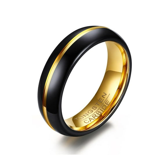Yellow Gold Plated 6mm Tungsten Carbide Mens Ring Men Wedding Band Black Ring for Man