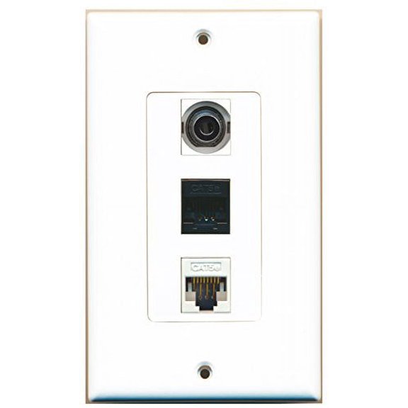 RiteAV - 1 Port 3.5mm and 1 Port Cat5e Ethernet White and 1 Port Cat5e Ethernet Black Wall Plate Decorative
