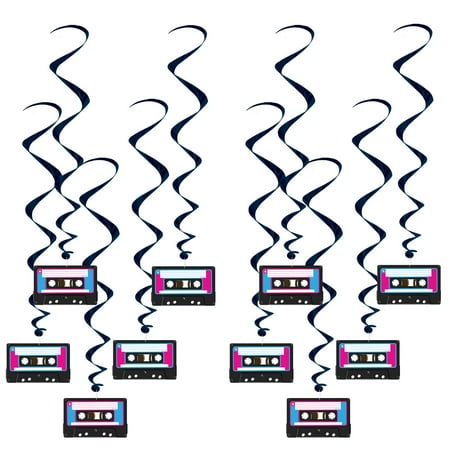 Beistle 10 Piece PriNst 80's Theme Cassette Tape Swirls, 1980's Retro Hanging Whirl Decorations