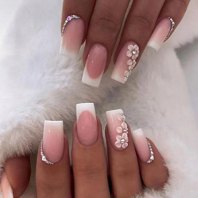 Uñas postizas rosas brillantes Uñas postizas rosas francesas para el día de San Valentín, uñas acrílicas adhesivas 24 piezas para mujeres y niñas