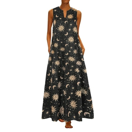 

Women s Dress Shoes Women Plus Size Sun Moon Print Sleeveless Vintage Bohemian Maxi Dress