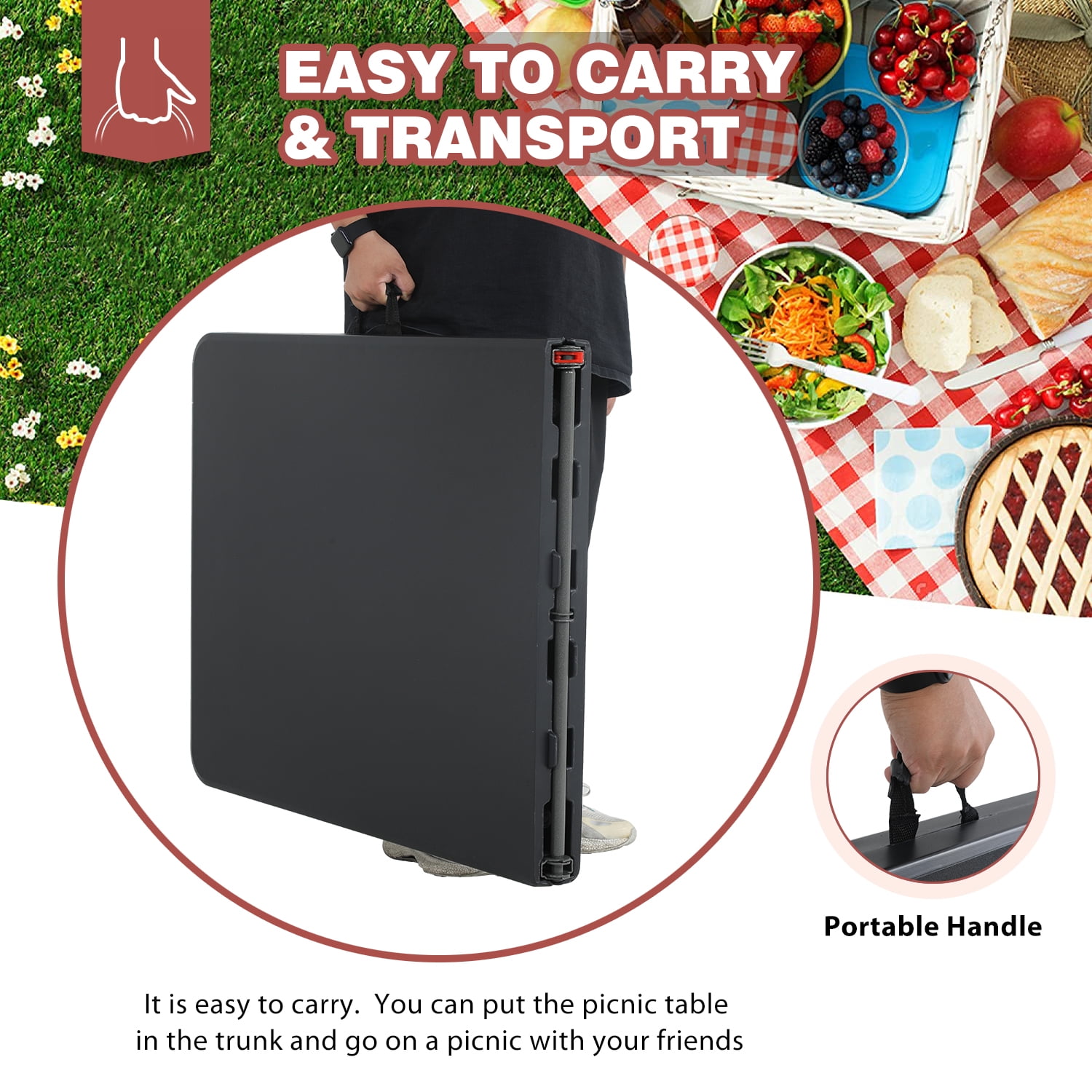NiamVelo 6ft Folding Table Portable Plastic Indoor Outdoor Camping Dining Table with Carrying Handle, Black