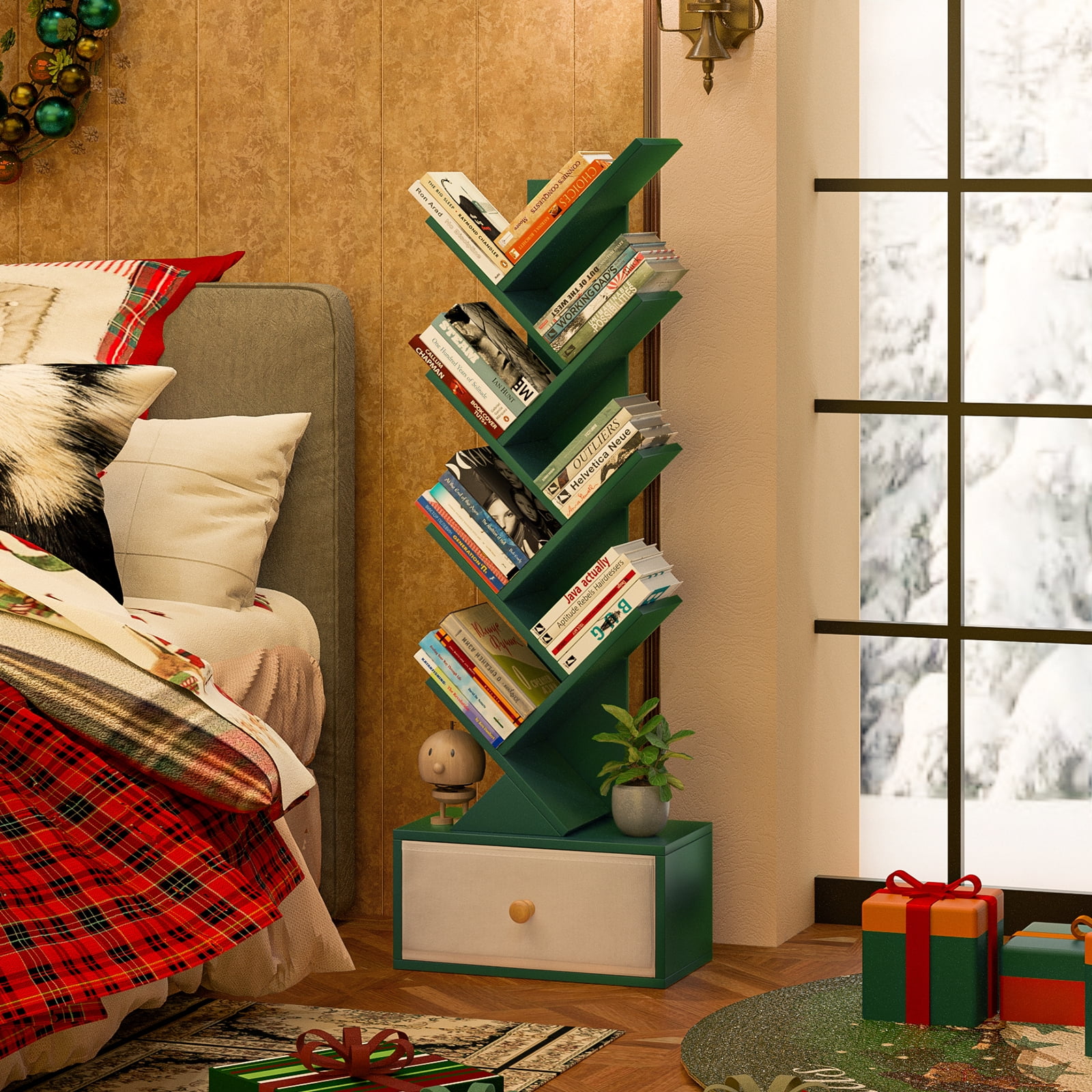 LELELINKY Floor Bookshelves,Tree Bookcase, 8-Tier Floor Standing Bookshelf for Living Room, Dark Green