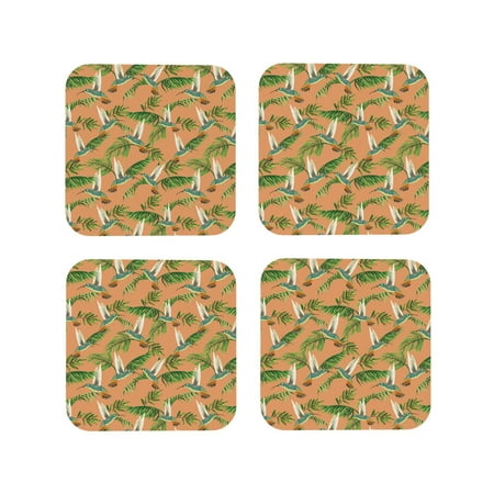 

Coasters Set of 4 - Hummingbird Palm Leaf Drink Coasters for Tabletop Protection Leather Coasters for Living Room Decor and Housewarming Gift Square
