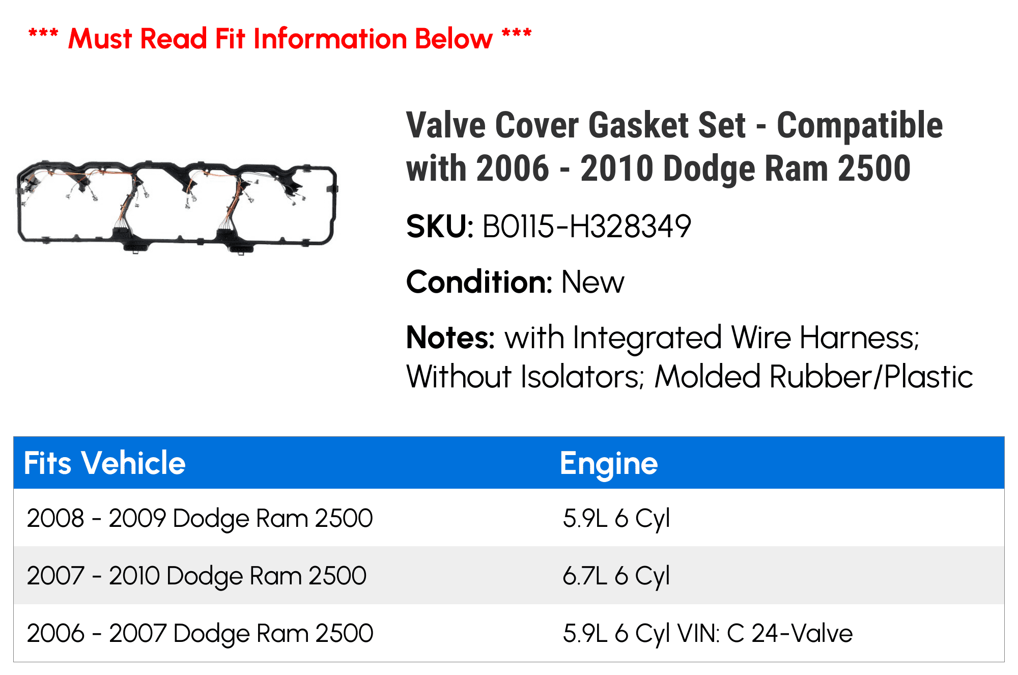 Valve Cover Gasket Set - Compatible with 2006 - 2010 Dodge Ram 2500 2007 2008 2009