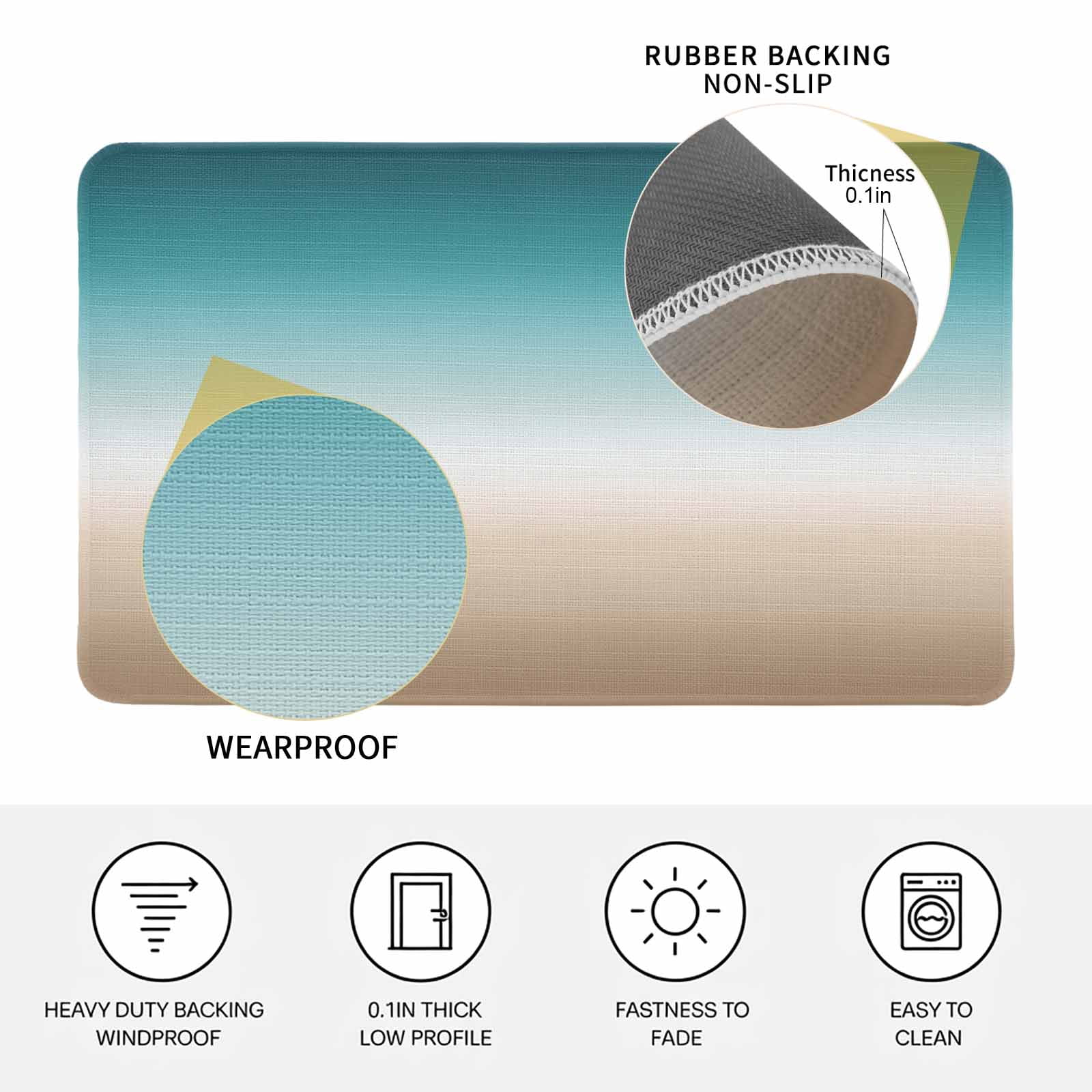 Teal Beige Ombre Cream Doormat Outdoor Entrance 24"x36", Modern Turquoise Abstract Art Aesthetics Absorb Moisture Dirt Door Mats, Non-Slip Rubber Backing Floor Mats Indoor, Low-Profile Front Rugs