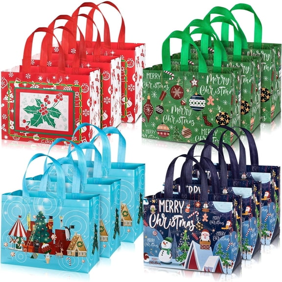 12 Pack Large Christmas Tote Bags with Handles, Reusable Gift Bag Grocery Shopping Totes for Holiday Xmas 12.8" x 9.8"