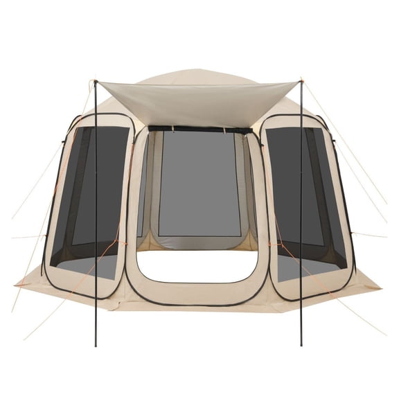 Screen House Tent 12x11 ft, 10-12 Person Pop Up Canopy, Portable Screened Tent with Awning, Netting Sides, Beige - Patio Backyard Camping
