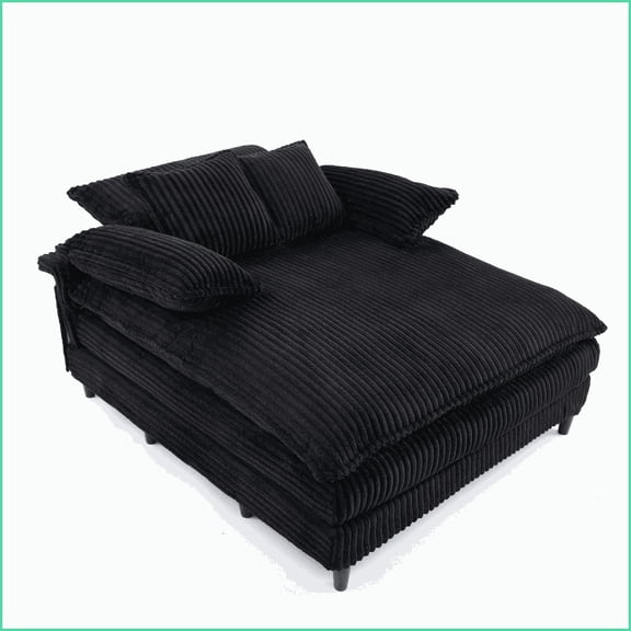 Chaise Lounge Chair, 54.75'' W 4-Gear Adjustable Sofa Bed with Deep Seat, 2 Pillows, Corduroy | Black | Solid Wood