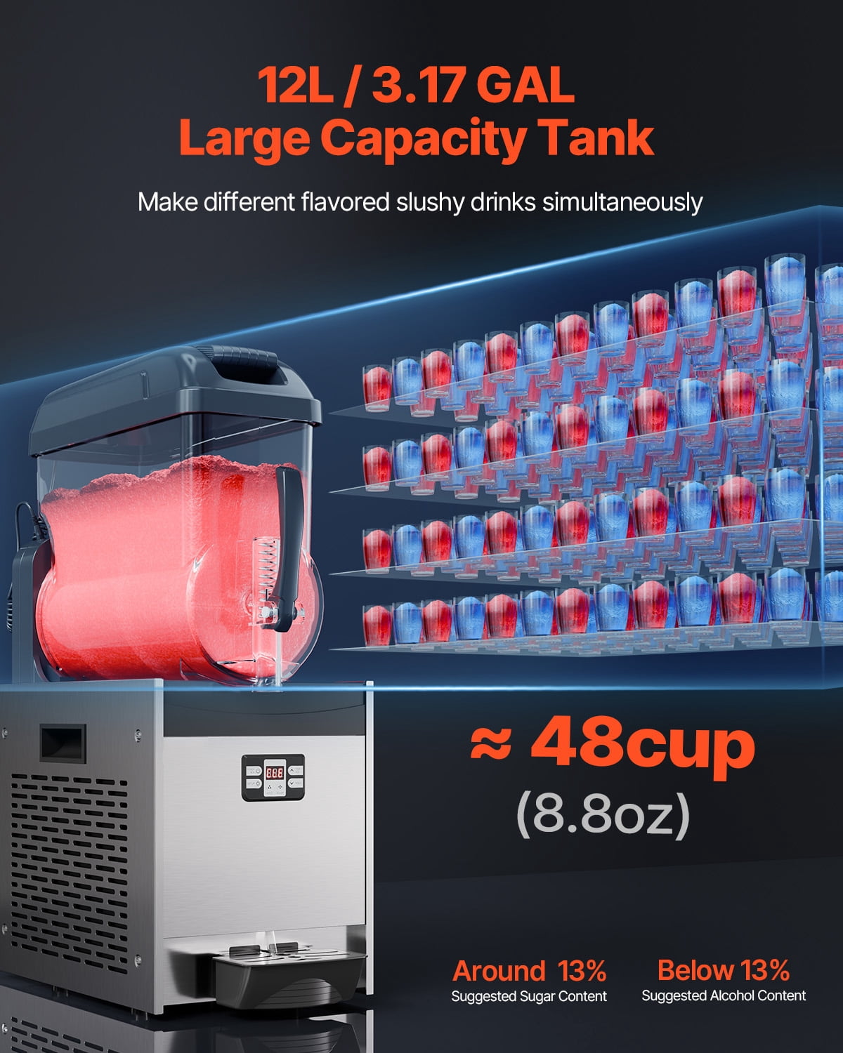 KFFKFF Commercial Slushy Machine, 12L Single Tank Frozen Beverage Maker, Stainless Steel Smoothie and Frozen Drink Machine, Ideal for Home Gatherings, Restaurants, Cafes, and Bars