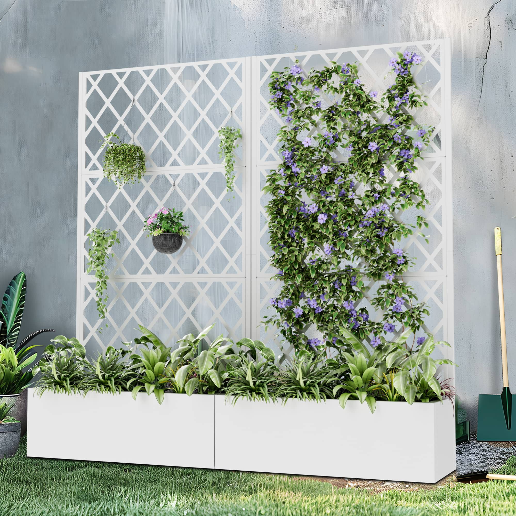 MAYEERTY 71" x 35" Metal Raised Garden Bed with Trellis Planter Box for Climbing Plants, White