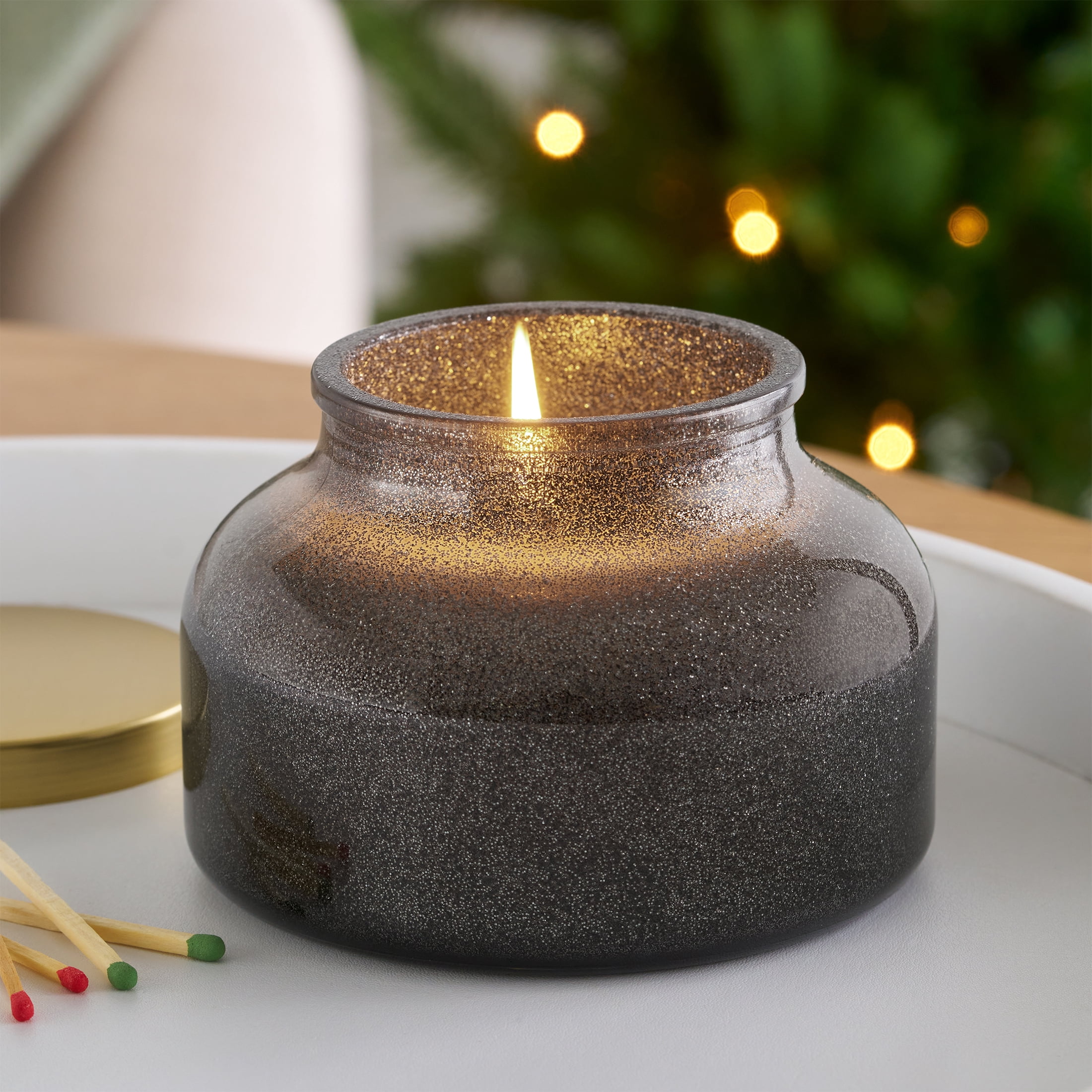 Better Homes & Gardens 1-Wick Holiday Scented Glitter Jar Candle, Suede and Cedar, 12oz.