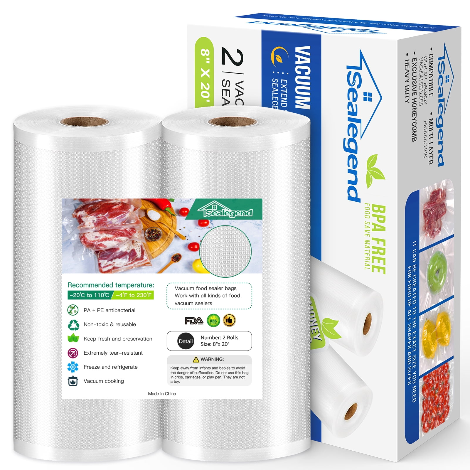 Sealegend 8"x20' 2 Rolls Vacuum Sealer Bags For Food Saver Food Saver