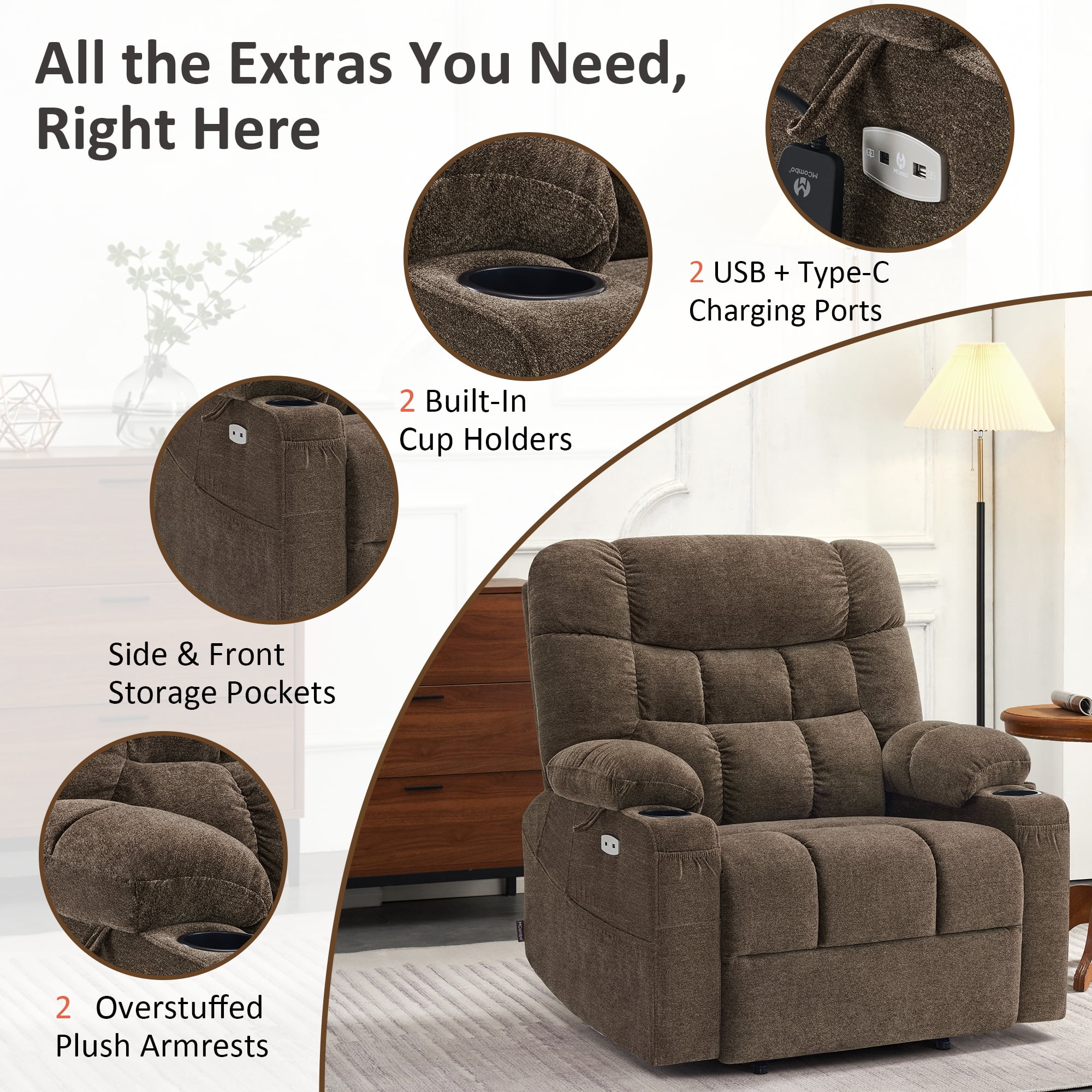 MCombo 27.2" Extra Wide Dual Motor Lift Chair, Dual Zone Heat, Infinite Position Recliner for Elderly, Brown Fabric