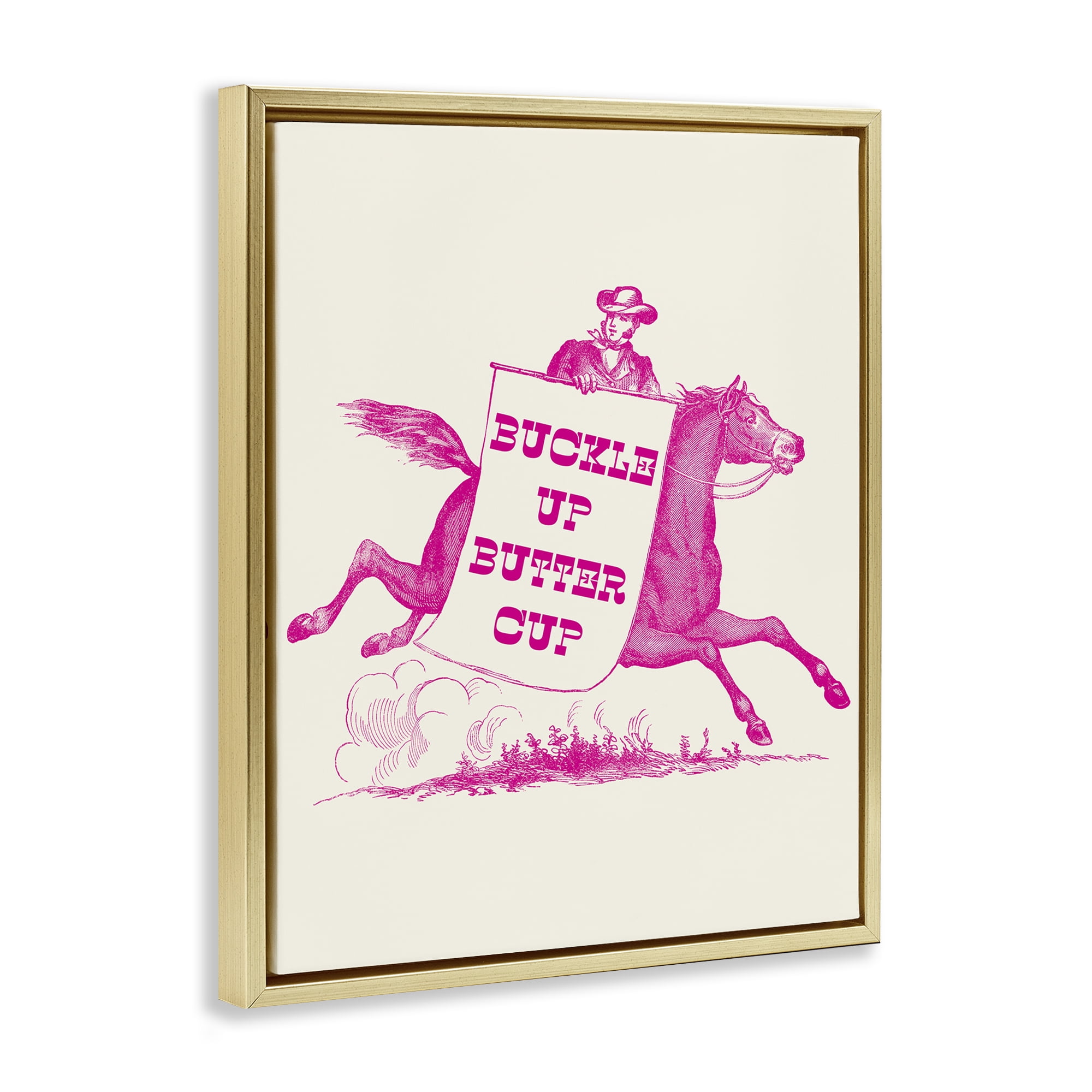 Stupell Industries Buckle Up Buttercup Cowboy Animals Painting Gold Floater Framed Canvas Art Print Wall Art, 25 x 31