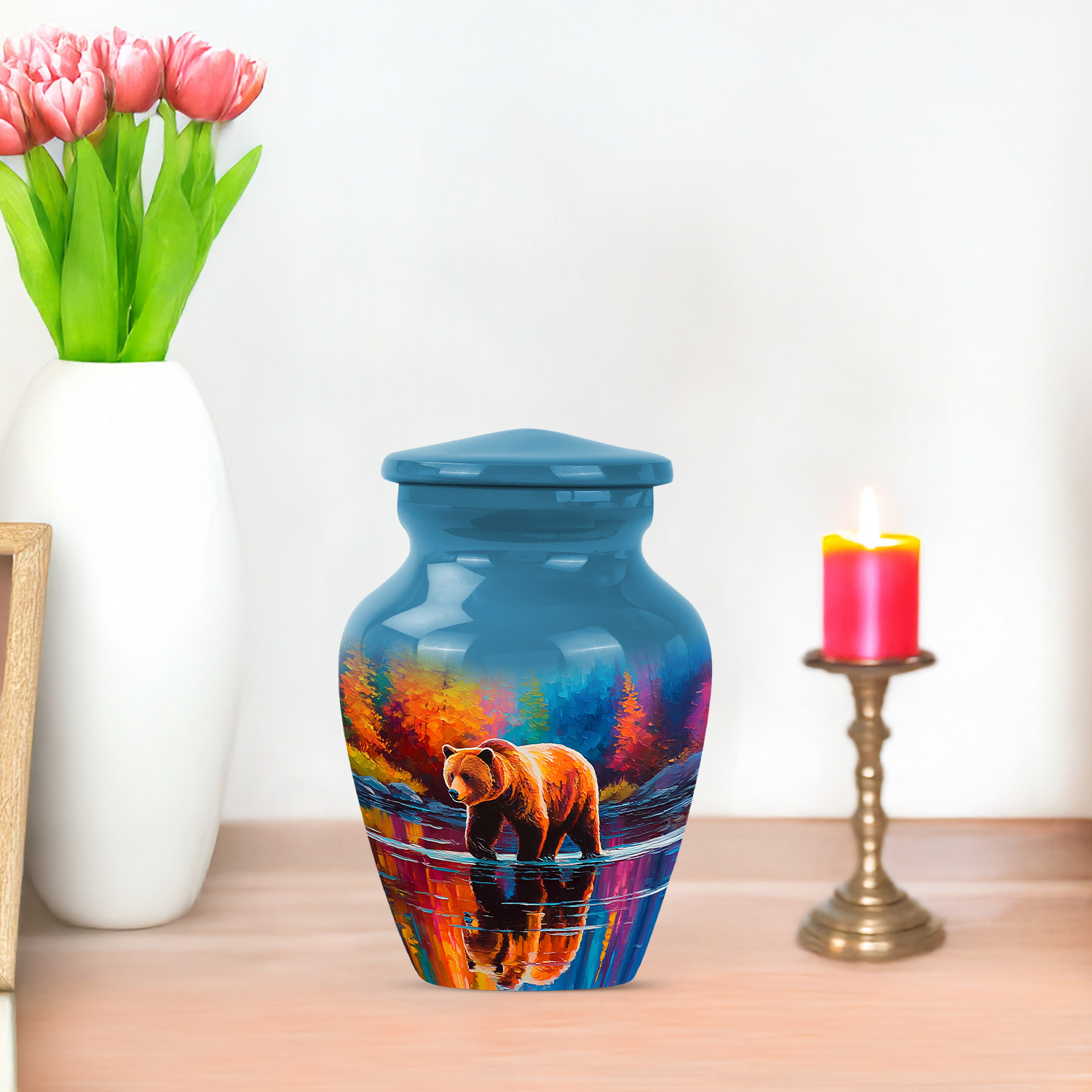 JAGASY Bear Miniature Urn for Daughter, Blue Small Urns for Human Ashes Keepsake, River Orange Yellow Trees Decorative Urn for Son, Handmade Tiny Urns for Children, (3 Inch)