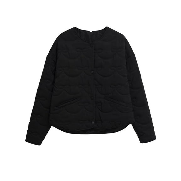 Uaswgudfs Women's Black Quilted Jacket, Long Sleeve Crew Neck Short Coat - Casual Winter Outerwear Black L
