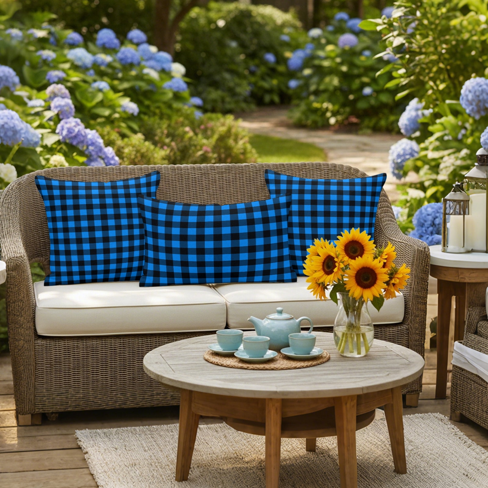Black Blue Plaid Outdoor Pillow Covers 20x20 Inch Throw Pillow Covers Set of 2 Waterproof Decorative Pillow Cases Country Buffalo Checked Gingham Cushion Covers for Patio Furniture Garden Couch Sofa