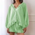 thumbnail image 2 of LOVZFMLL Pajama Sets for Women 2 Piece Gingham Ruffle V Neck Button Down Long Sleeve Shirts and Shorts Lounge Sets Comfy Soft Sleepwear Loungewear, 2 of 3