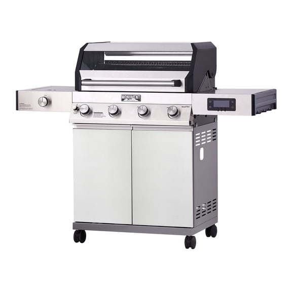 Monument Grills Denali Series 4-Burner Stainless Propane Gas Grill with Clearview Lid, LED Controls, and Side Burner