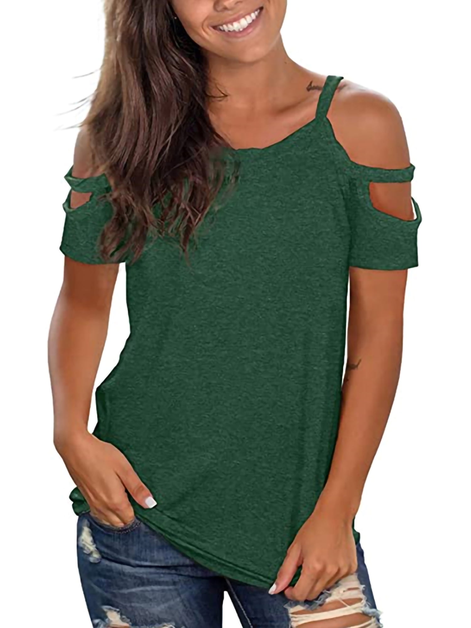 Women's Cold Shoulder Cut Out T-Shirt Top Round Neck Short Sleeve Plain Summer 
