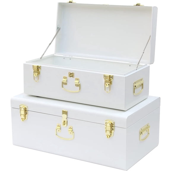 HofferRuffer Decorative Metal Box, Set of 2 Storage Organizer with Lock Hole and Handle, Toy Box for Kids, 23.8X14.2X9.5 Inches (White)
