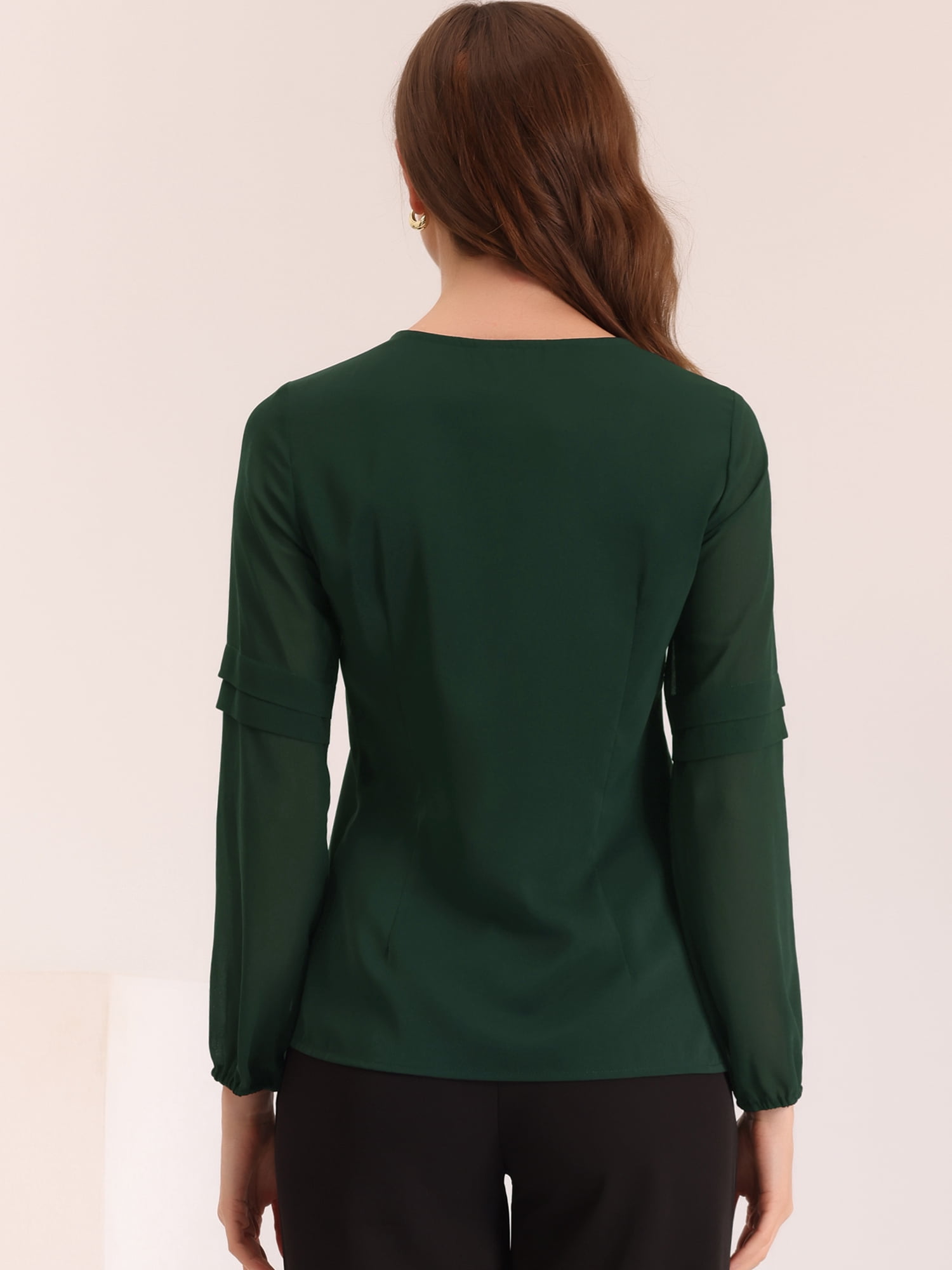 DARING DIVA Chiffon Semi Sheer Long Sleeves Keyhole Neck Blouse L Army Green