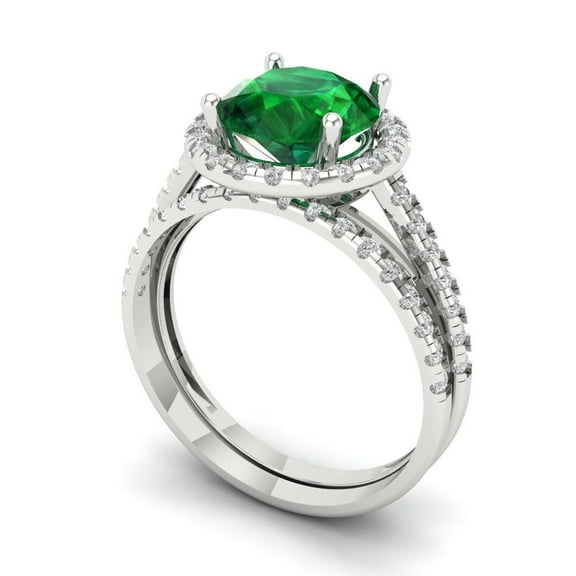 2.56 ct Brilliant Round Cut Emerald 18K White Gold Halo Solitaire with Accents Engagement Bridal Wedding Ring Band Set size 3.5