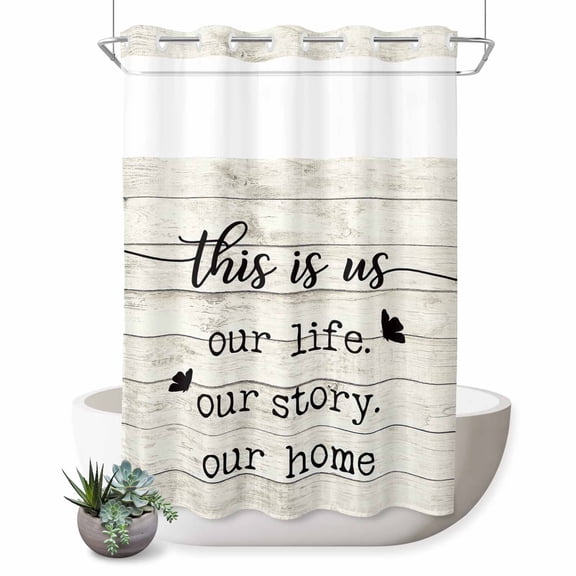 No Hook Shower Curtain for Bathroom, Farmhouse Butterfly Waterproof Hotel Quality Shower Curtains, Rustic Retro Wooden Striped Single Layer & Mesh Top Washable Fabric Bath Curtain Decor 60''x72''