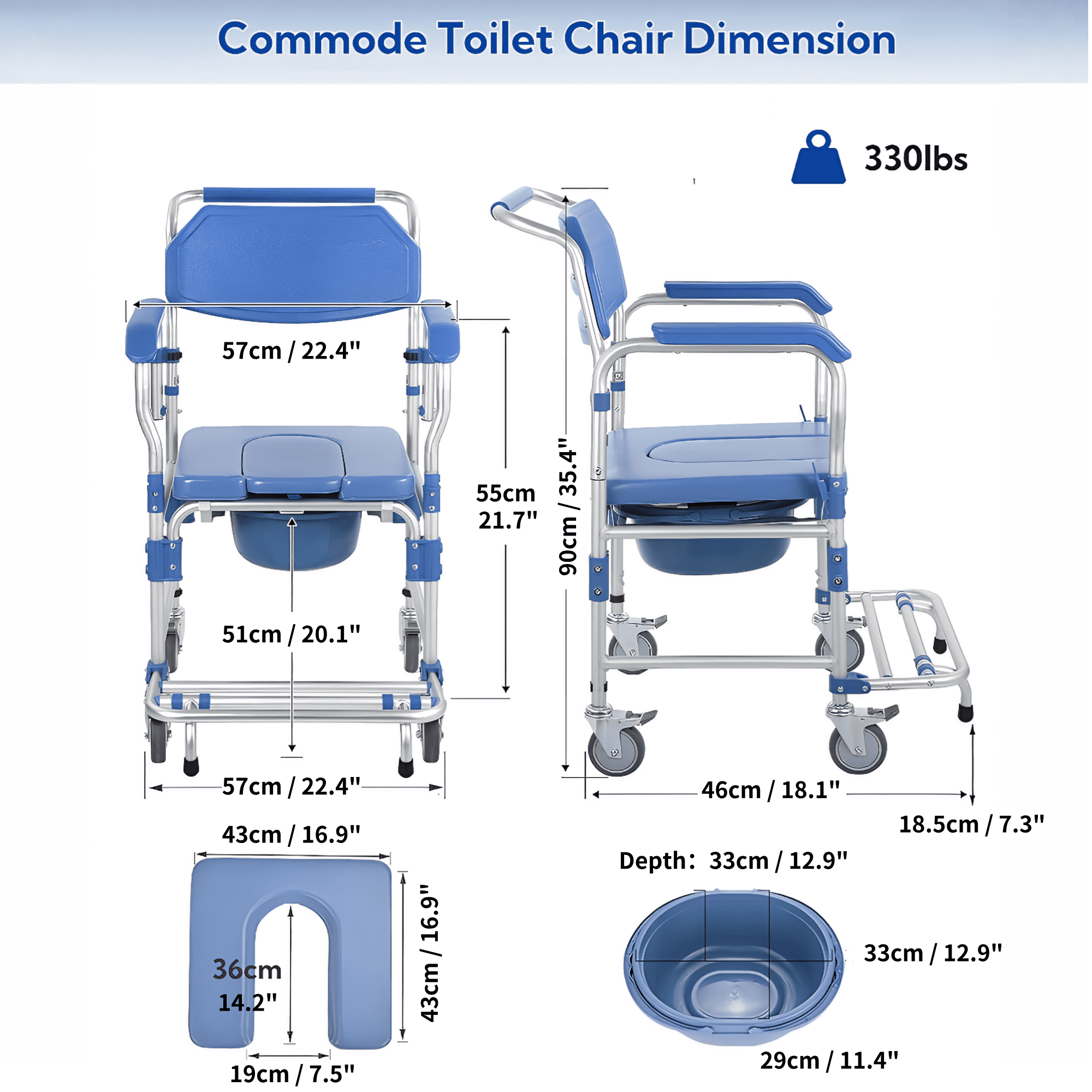 Qunbio Rolling Shower Chair, 330 lbs Load Bedside Commode w/Casters and Padded Seat, Rolling Transport Chair Lockable Wheelchair Bedside Toilet Seat