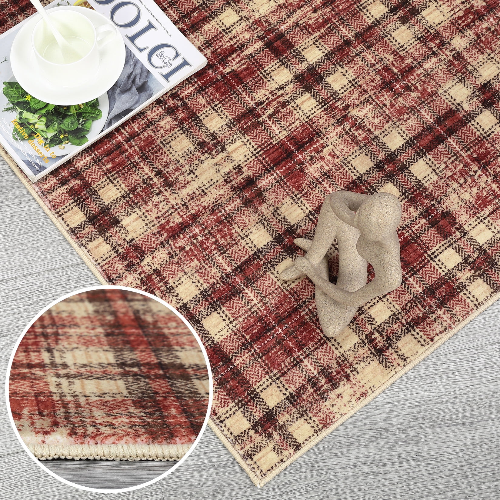 GlowSol 9'x12' Washable Area Rugs for Living Room Modern Farmhouse Plaid Rug Non-Slip Low Pile Large Rug Floor Cover, Red