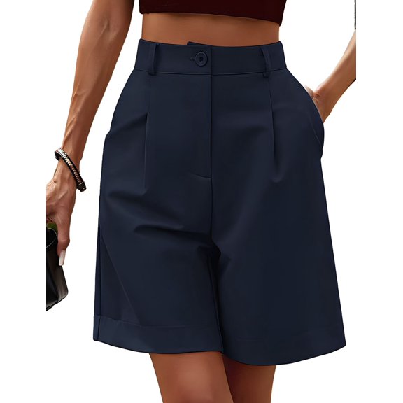 Shorts for Women Dressy 2026 Summer Elastic High Waisted Wide Leg Business Casual Work Shorts with Pockets Navy Blue S