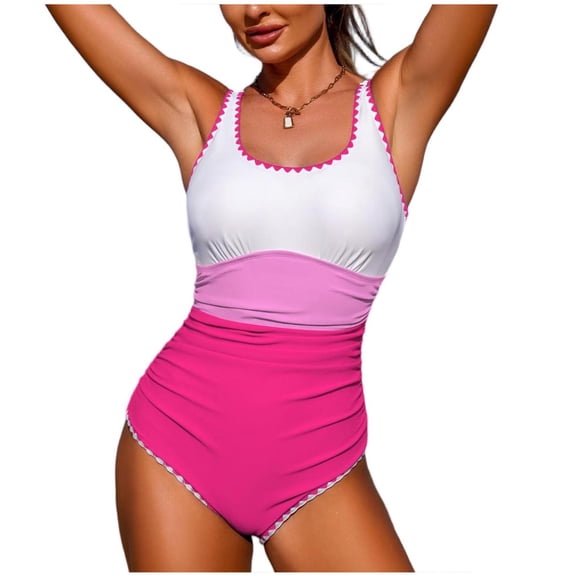 Hduncf Women's One Piece Tummy Control Swimsuits Cute Color Block Swimwear Fashion Slimming Bathing Suit Pink M