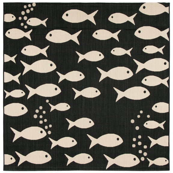 SAFAVIEH Courtyard Trena Fishes Indoor/Outdoor Area Rug, Black/Beige, 4' x 4' Square